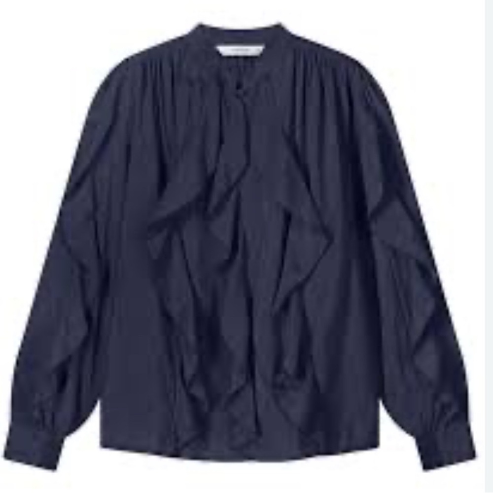 Summum Bohemian Ruffle Navy Blue Blouse Size 8 NWT